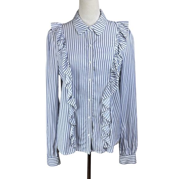 A Loves A Blue White Stripe Ruffles Long Sleeve Collared Button Up Office Shirt - Picture 1 of 12